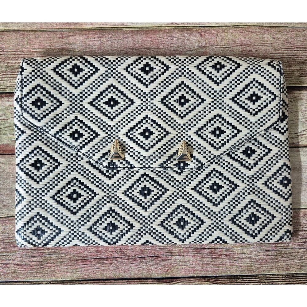 Stella & Dot City Slim City Clutch Woven Raffia Black and Gold Diamond Pattern